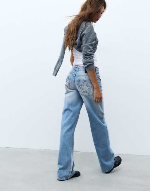 Pull&Bear jean droit taille basse orné de strass bleu clair, 4 de 7