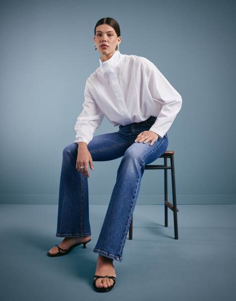 Pull&Bear - Jean évasé taille haute - Bleu moyen - view 1