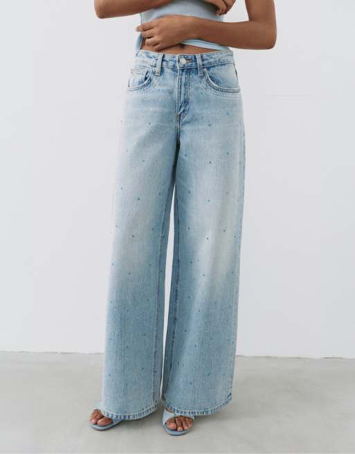 Pull&Bear jean large à strass bleu pâle, 2 de 7