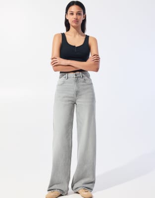 Pull&Bear - Jean large à taille haute - Gris - view 1