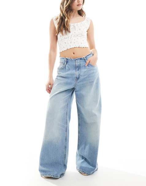 Pull&Bear - Jean large avec taille effilochée - Bleu moyen - view 1