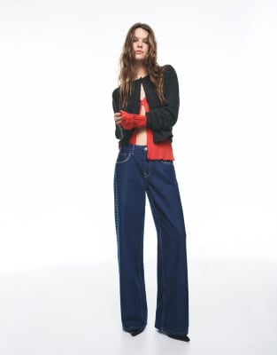 Pull & Bear - Jean large clouté - Bleu foncé 40