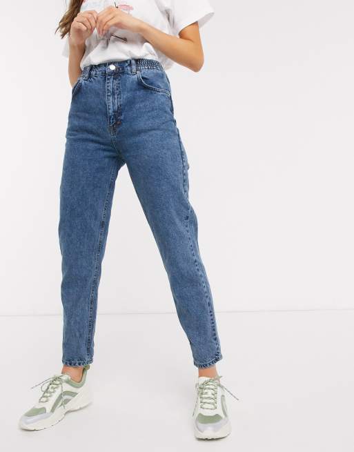 Pull Bear Jean mom avec taille lastique Bleu moyen