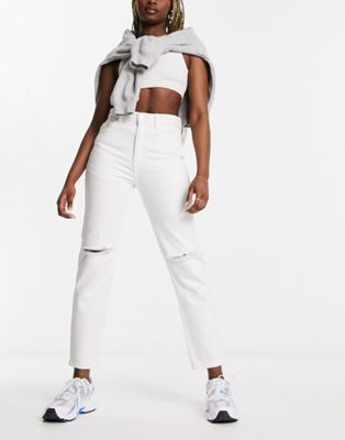 Pull&Bear ripped mom jeans in white - ASOS Price Checker