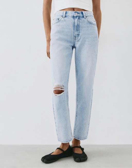 Pull&Bear - Jean mom déchiré - Bleu ciel, 2 de 6