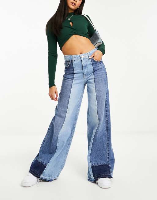 Pull&Bear - Jeans a fondo ampio blu bicolore a contrasto in coordinato