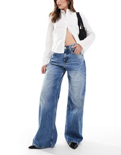 Pull&Bear - Jeans a fondo ampio blu medio lavaggio candeggiato