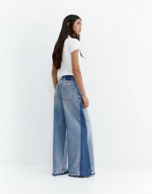 Pull&Bear - Jeans a fondo ampio patchwork blu medio, 3 di 4