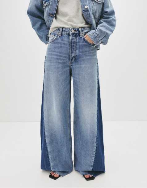 Pull&Bear - Jeans a fondo super ampio blu medio con dettagli a contrasto - view 1