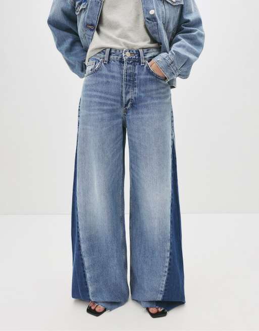 Pull&Bear - Jeans a fondo super ampio blu medio con dettagli a contrasto