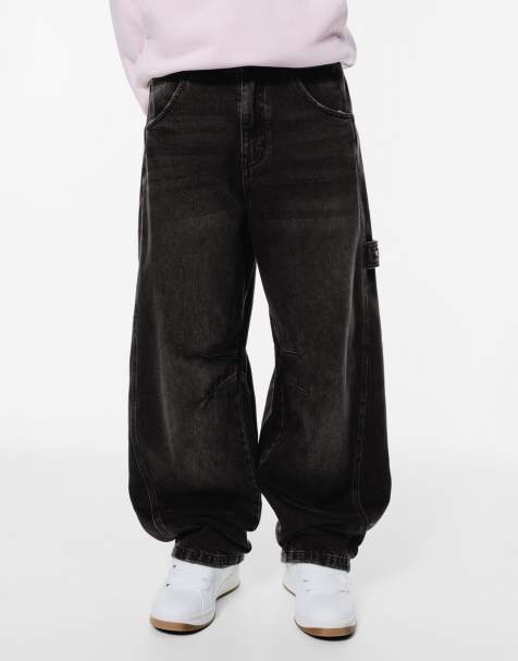 Pull&Bear - Jeans a palloncino nero slavato con tasca ricamata - view 1