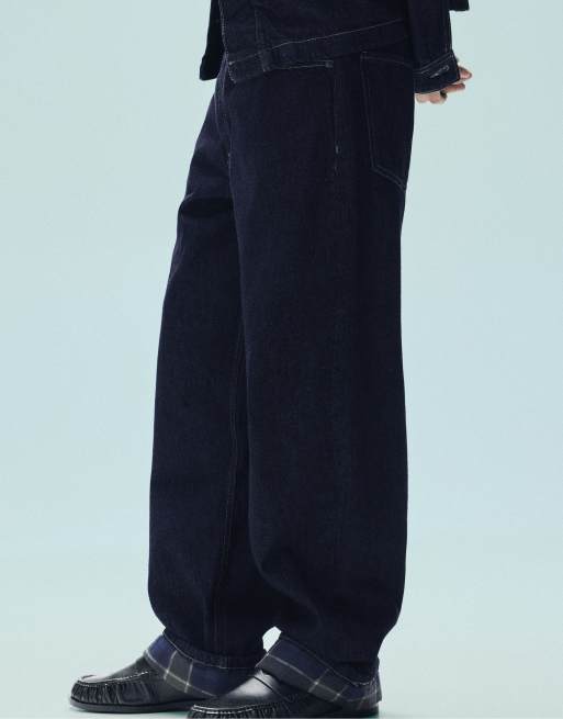 Pull&Bear jeans a quadri con fondo risvoltato navy, 6 di 7
