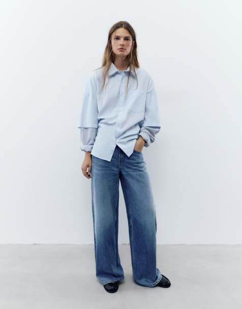 Pull&Bear jeans a vita bassa a gamba larga blu scuro - view 1