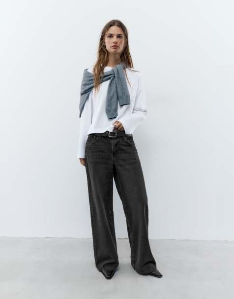 Pull&Bear jeans a vita bassa a gamba larga neri - view 1