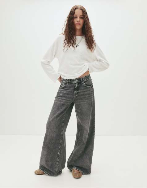 Pull&Bear - Jeans a vita bassa con fondo ampio grigi - view 1