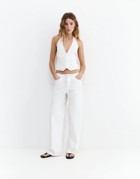 Pull&Bear - Jeans ampi bianchi con borchie e coulisse - view 1