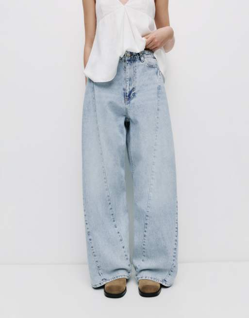 Pull&Bear - Jeans ampi blu pallido con cuciture a vista