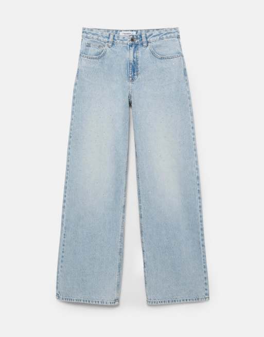 Pull&Bear - Jeans ampi dritti blu pallido con strass, 6 di 7