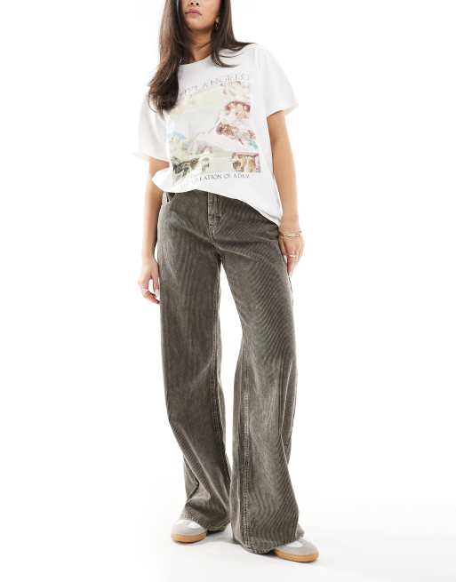 Pull&Bear – Jeans aus Cord in Grau mit weitem Bein