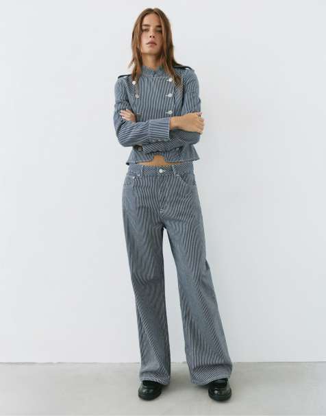 Pull&Bear jeans baggy a vita bassa a righe blu scuro - view 1