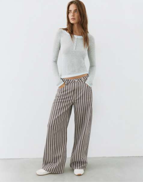 Pull&Bear jeans baggy a vita bassa a righe marroni - view 1
