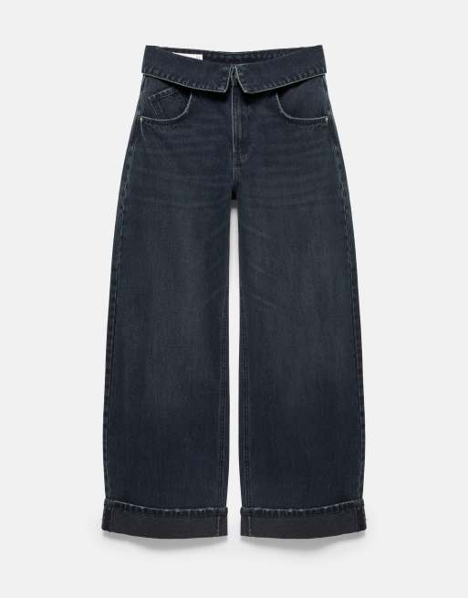 Pull&Bear jeans baggy a vita ripiegata blu scuro, 5 di 7