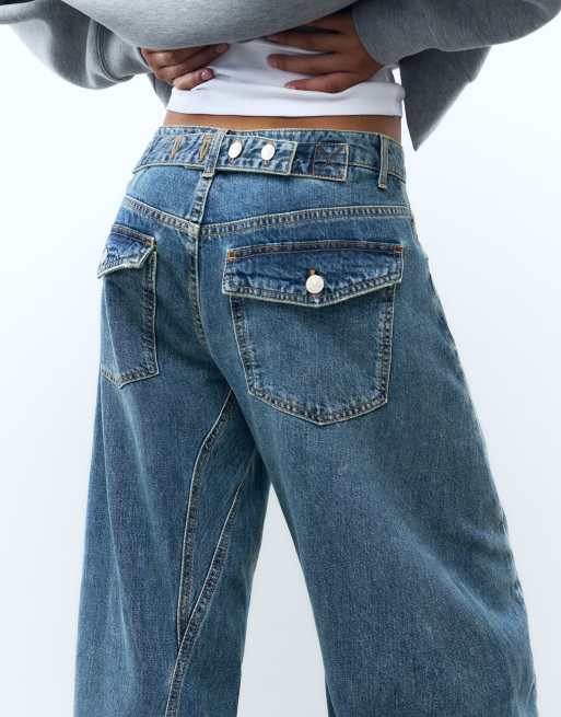 Pull&Bear jeans baggy balloon con cuciture blu scuro, 4 di 7