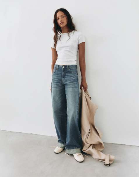 Pull&Bear jeans baggy balloon fit con fondo risvoltato blu scuro - view 1