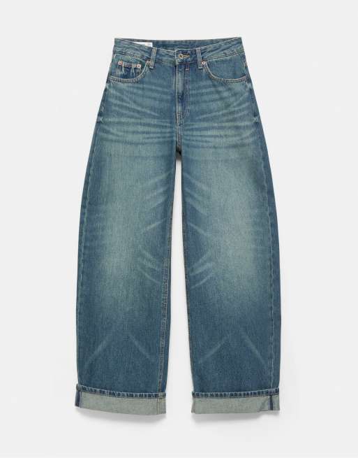 Pull&Bear jeans baggy balloon fit con fondo risvoltato blu scuro, 6 di 7