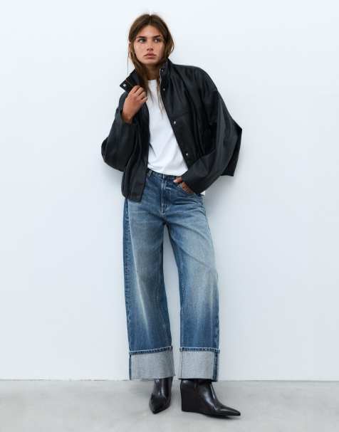 Pull&Bear jeans baggy corti con risvolto al fondo in blu medio - view 1