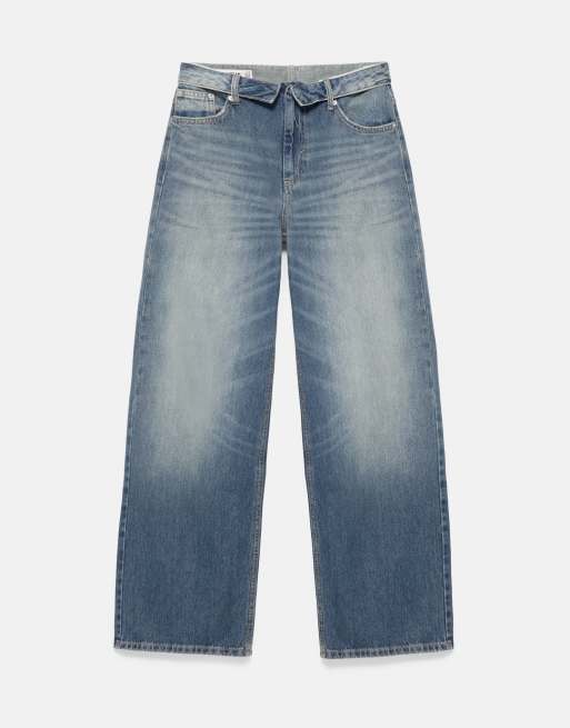 Pull&Bear jeans baggy relaxed con vita risvoltata in blu verdastro, 5 di 7