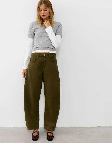 Pull&Bear jeans barrel a vita bassa color kaki - view 1