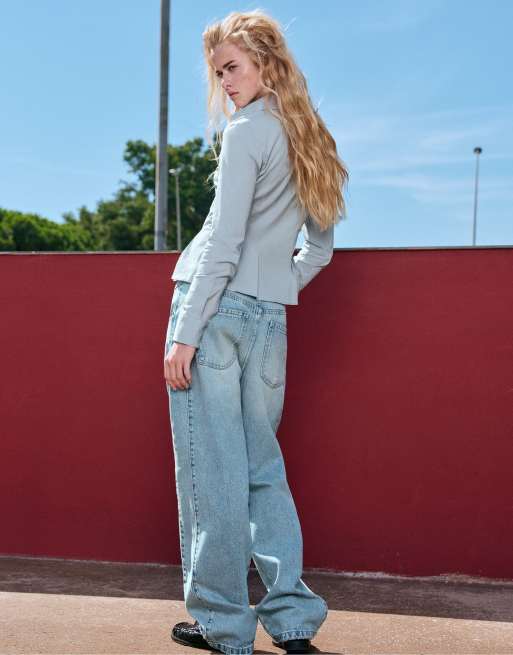 Pull&Bear jeans barrel con dettaglio lungo la cucitura laterale in blu slavato, 2 di 6