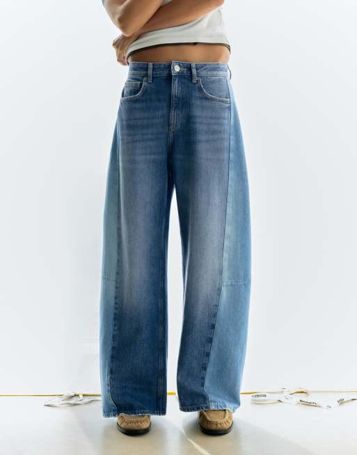 Pull&Bear jeans barrel patchwork blu medio, 2 di 7