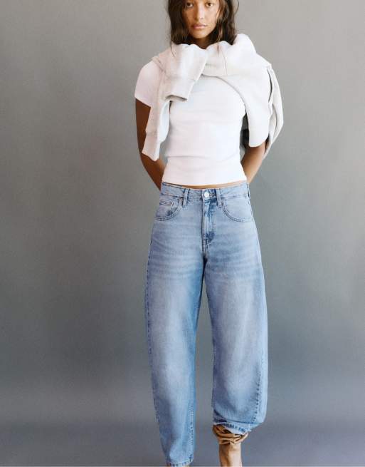 Pull&Bear - Jeans bombati a vita bassa color blu medio, 7 di 7