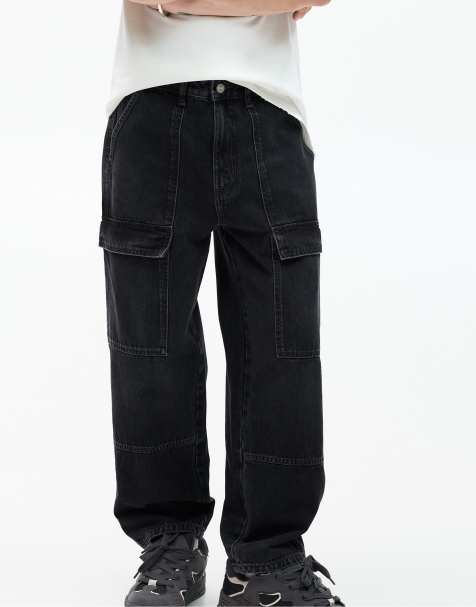 Pull&Bear - Jeans cargo ampi neri sbiaditi - view 1