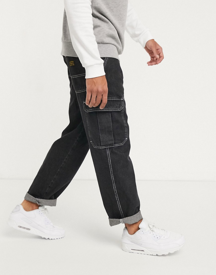 Pull&Bear - Jeans cargo neri con cuciture a contrasto-Nero