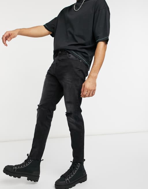 Pull&Bear jeans carrot fit jeans with distressing in black ASOS