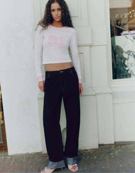 Pull&Bear jeans con fondo risvoltato blu navy - view 1