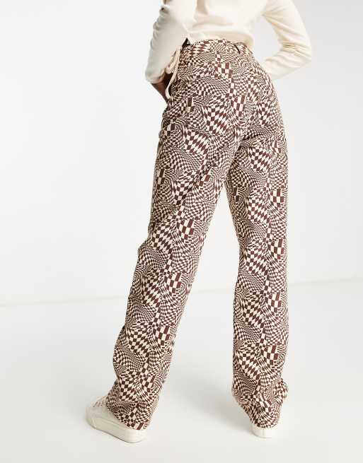 Pull&Bear - Jeans dritti a vita alta marrone a scacchi