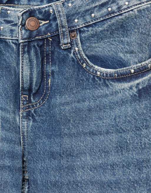 Pull&Bear jeans dritti a vita bassa con borchie a cuore blu medio, 7 di 7