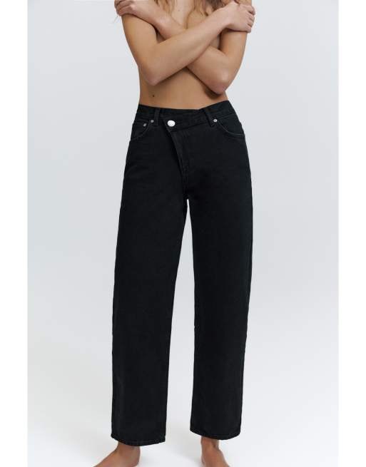 Pull&Bear - Jeans dritti neri con dettaglio sovrapposto in vita