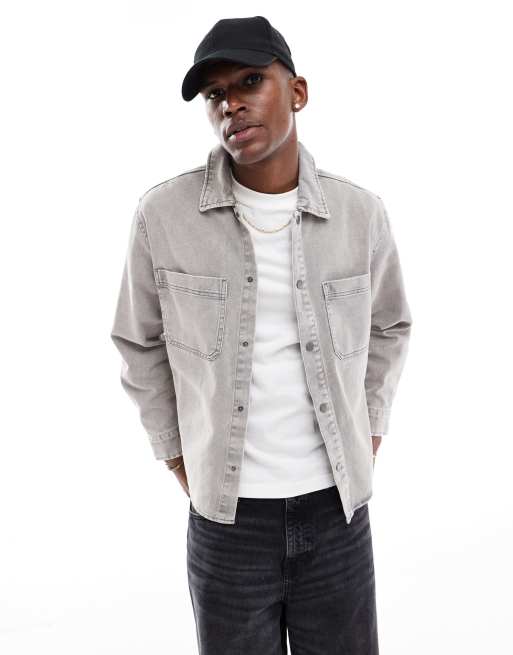 Pull&Bear – Jeans-Hemdjacke in verwaschenem Acid-Grau