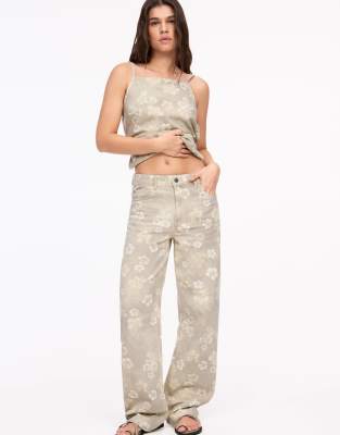 Pull & Bear - Jeans in Beige mit Blumenmuster und weitem Bein-Neutral