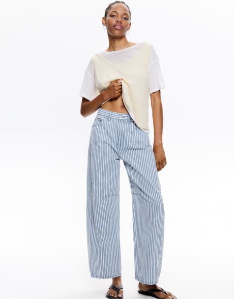 Pull&Bear – Jeans in Blau mit Ballonschnitt und Streifen - view 1