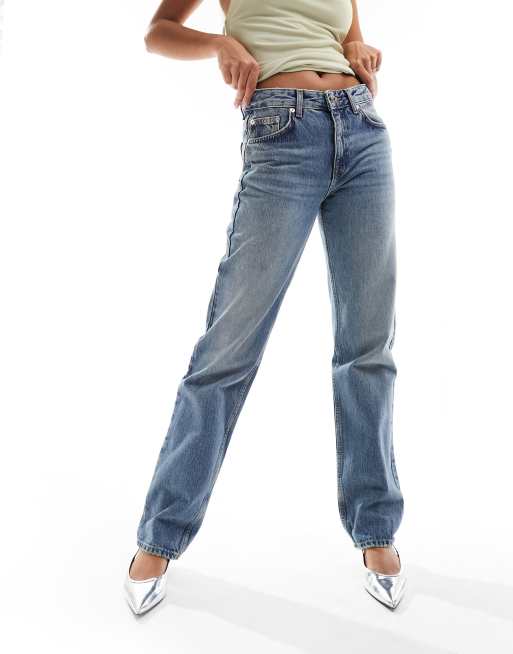 Pull&Bear – Jeans in blauer Dirty-Waschung mit geradem Schnitt und mittelhohem Bund