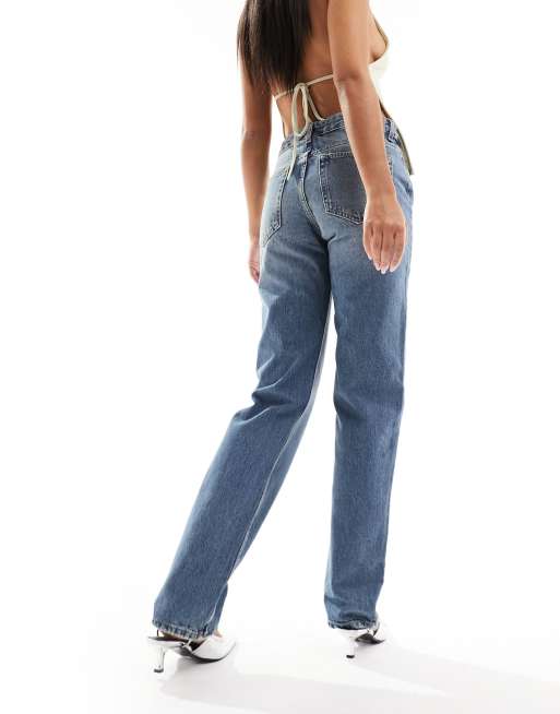 Pull&Bear – Jeans in blauer Dirty-Waschung mit geradem Schnitt und mittelhohem Bund, 2 von 4