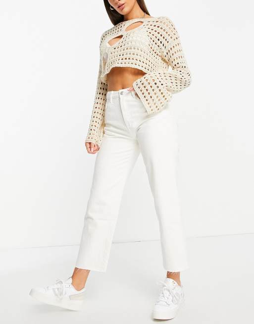 Pull&Bear – Jeans in gebrochenem Weiß mit kurzem, geradem Schnitt 