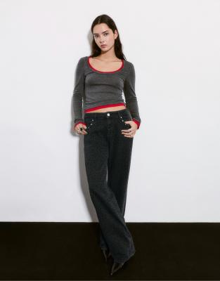 Pull & Bear - Jeans in Grau mit Leopardenmuster und Nieten