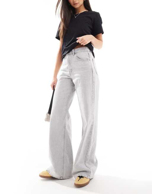 Pull&Bear – Jeans in Hellgrau mit hohem Bund und weitem Bein